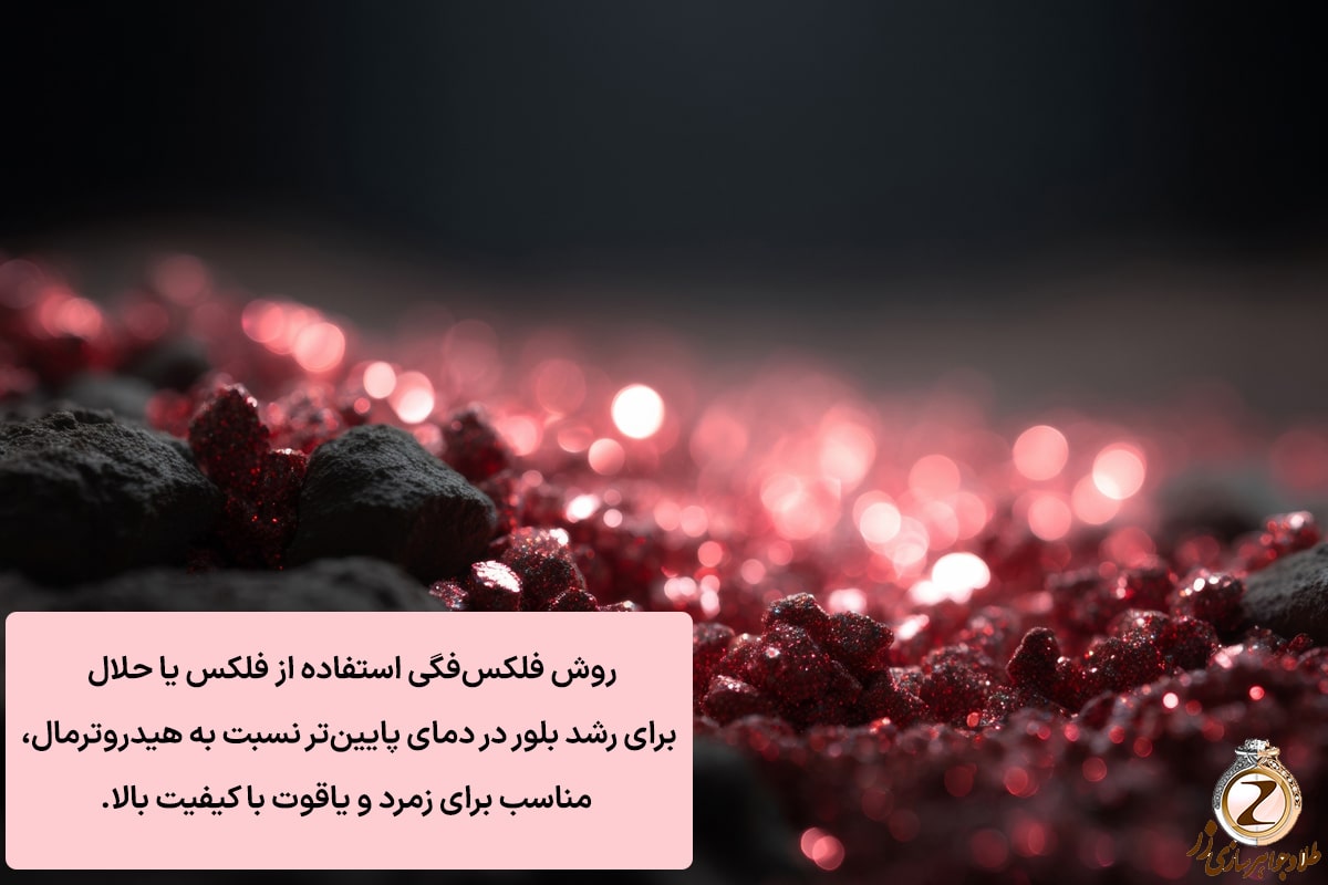 روش فلکسفگی (Flux Growth) یکی دیگر از تکنیکهای پیشرفته برای تولید سنگهای قیمتی مصنوعی است که در آن برای رشد بلورها از یک ماده "فلکس" یا حلال استفاده میشود. - نیوز زر